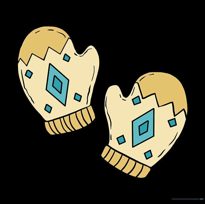 The finished, colored drawing of two winter mittens.