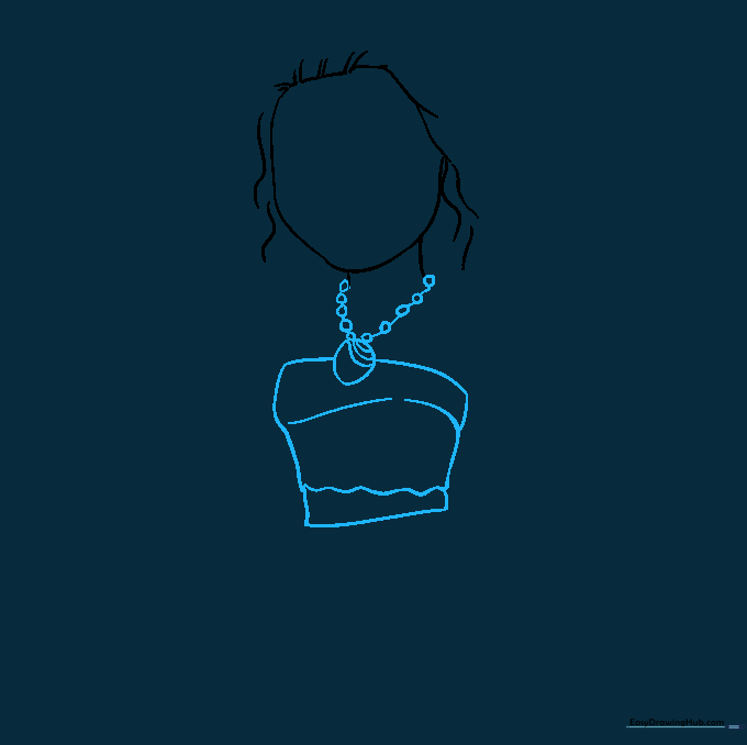 Detailed sketch of Moana's beaded necklace and the top of her blouse with wavy bottom hem.