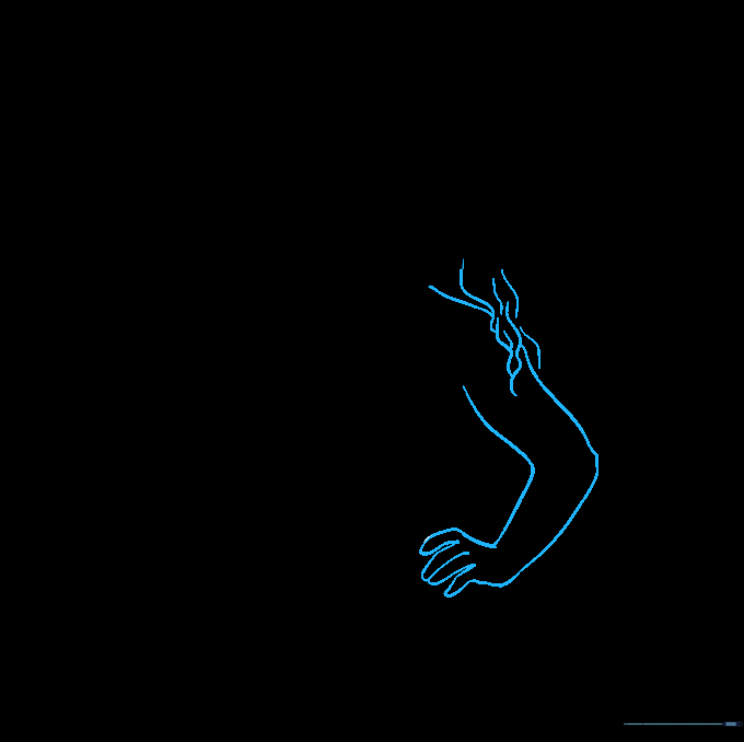 Sketch showing Moana's second arm bent with hand on hip and hair strands falling over the shoulder.