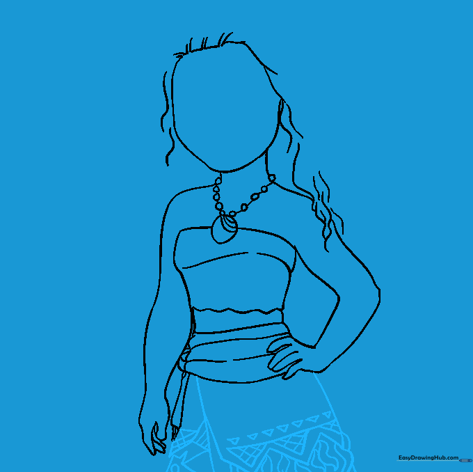 Detailed view of Moana's skirt with geometric patterns and cross-hatching texture.