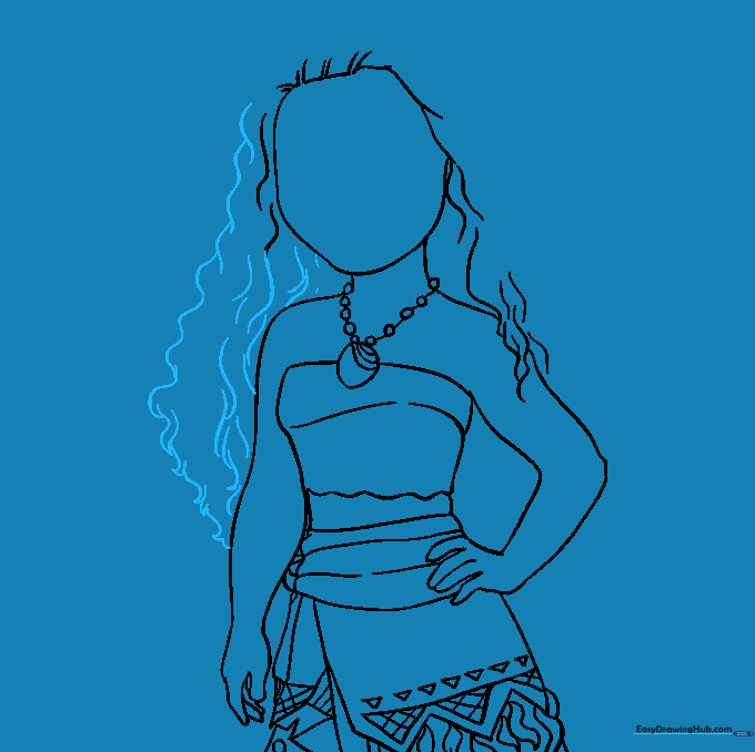 Sketch of Moana's voluminous wavy hair being filled in with long, curved strokes.