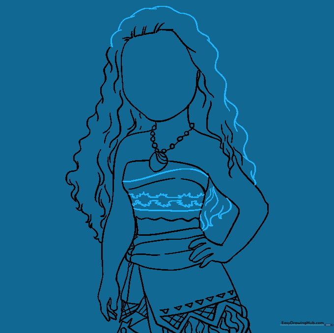Completed hair outline and added decorative starburst patterns on Moana's blouse.