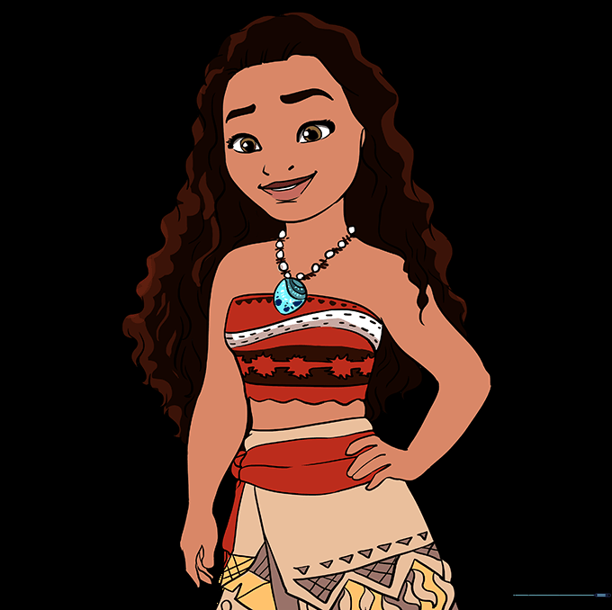 Fully colored illustration of Moana with tan skin, dark hair, and her signature colorful outfit.