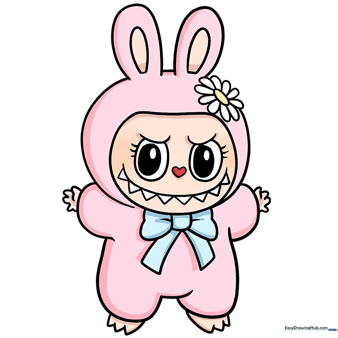 The fully colored Mokoko character with pink fur, blue-green bow, and red nose.