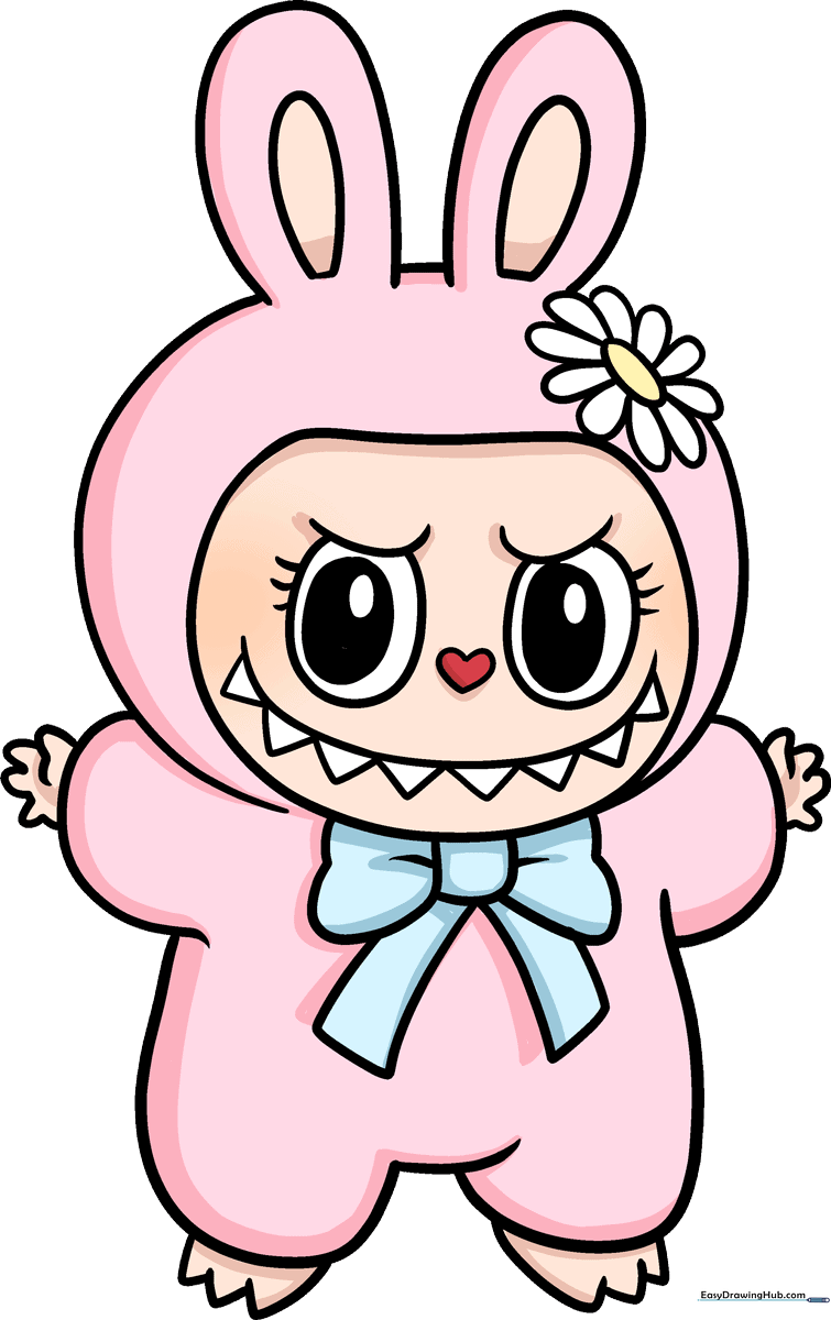 Finished, colorful drawing of Mokoko from The Monsters Labubu, displayed as a friendly character illustration.