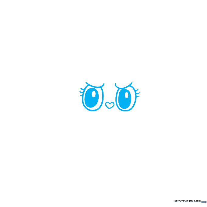 Close-up of Mokoko's large oval eyes and heart-shaped nose being drawn with light pencil strokes.