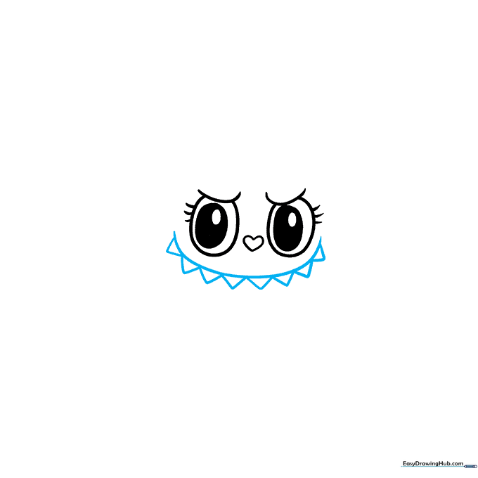 Drawing the wide, smiling mouth and small triangular teeth of the Mokoko character.