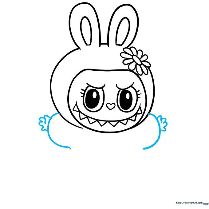 Drawing the thick, outstretched arms and hands of the Mokoko character.