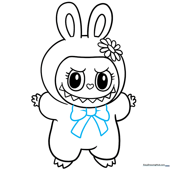 Drawing a decorative bow tie around the neck of the Mokoko character.