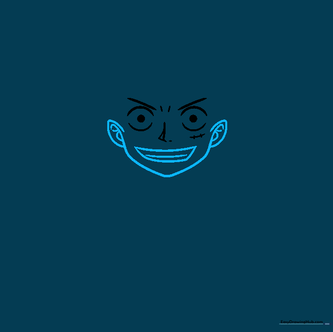 Pencil outline of Luffy's face shape, ears, and open-mouthed smile.