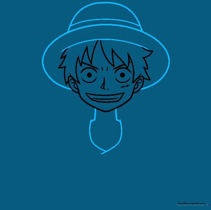 Luffy with his signature straw hat and neck structure drawn in.