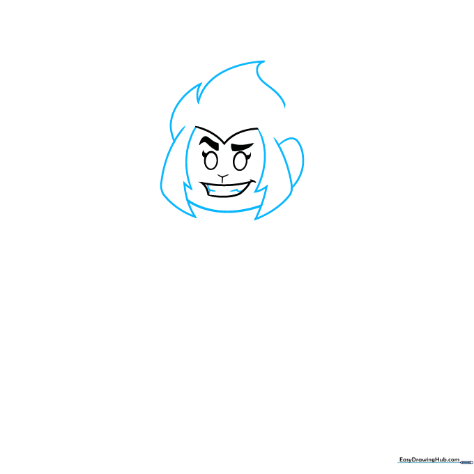 Monkie Kid drawing showing the completed head shape, ears, and spiky hair outline.