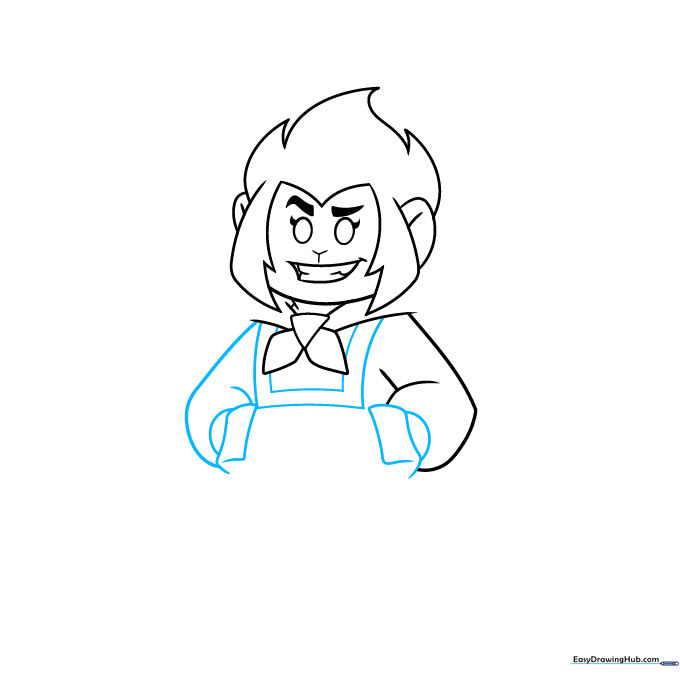 Monkie Kid drawing showing the torso, tunic details, and rectangular hands.