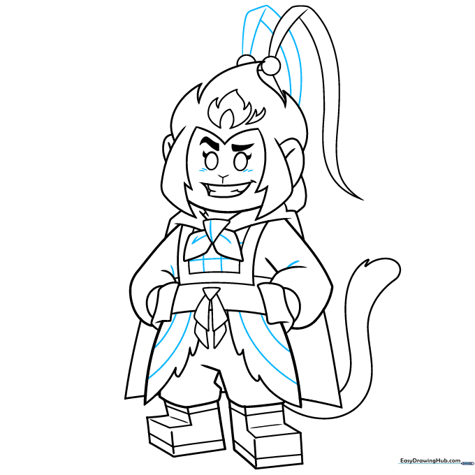 Monkie Kid drawing with final contour lines and clothing details added.
