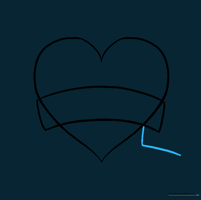 Drawing the first ribbon tail fold on the heart banner.