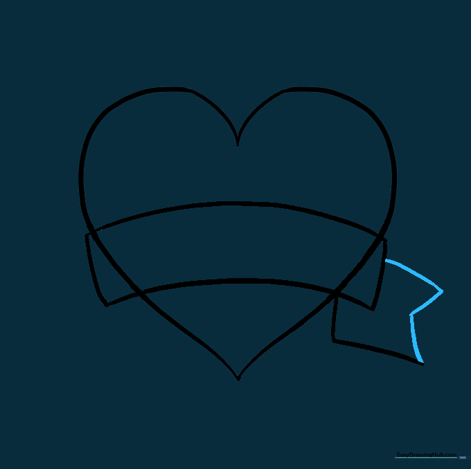 Completed fishtail ribbon end on the left side of the heart.