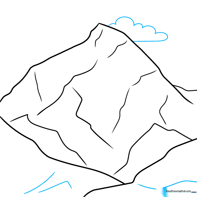 A fluffy cloud drawn behind the mountain peak with textured lines at the base.