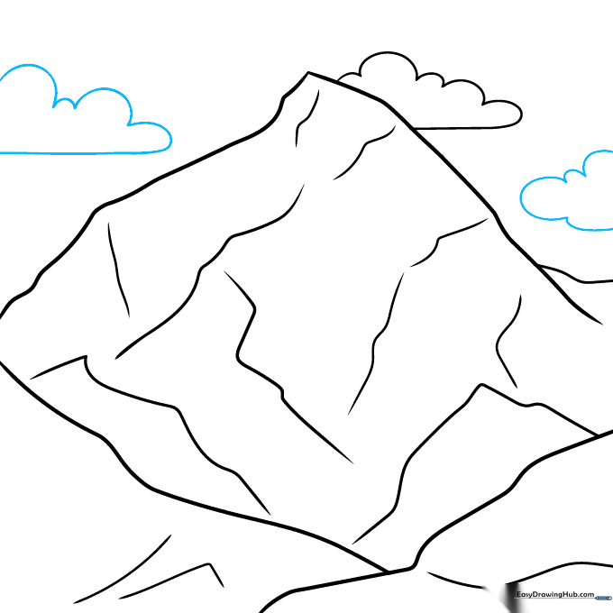 Multiple clouds added to the sky surrounding the mountain peak.