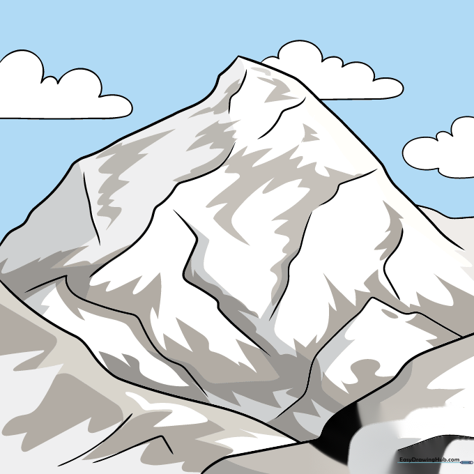 A finished, colored drawing of Mount Everest with snow-capped peaks and blue sky.