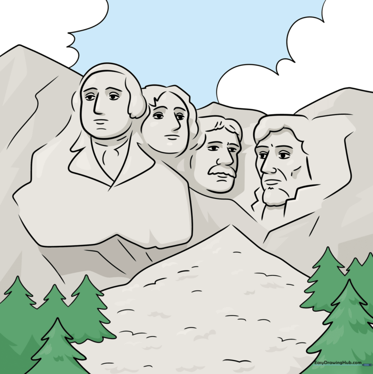 A vibrant, completed drawing of the Mount Rushmore monument, showcasing the four presidents and surrounding forest.