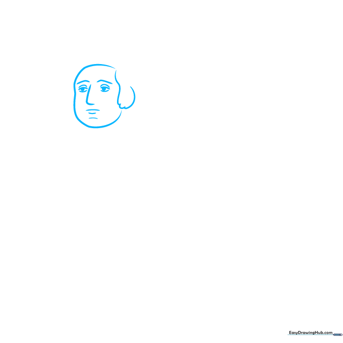 Pencil sketch of George Washington's profile, showing the initial outline of his hair and facial features.