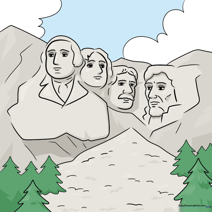 The completed, colored drawing of Mount Rushmore with trees and sky.