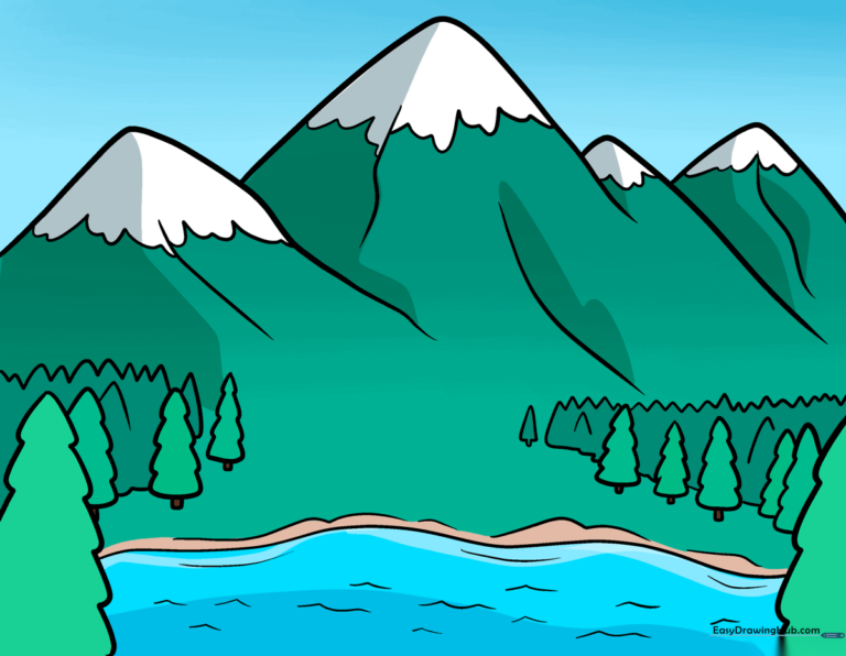Colorful illustration of a mountain range reflecting in a lake, perfect for kids' art projects.