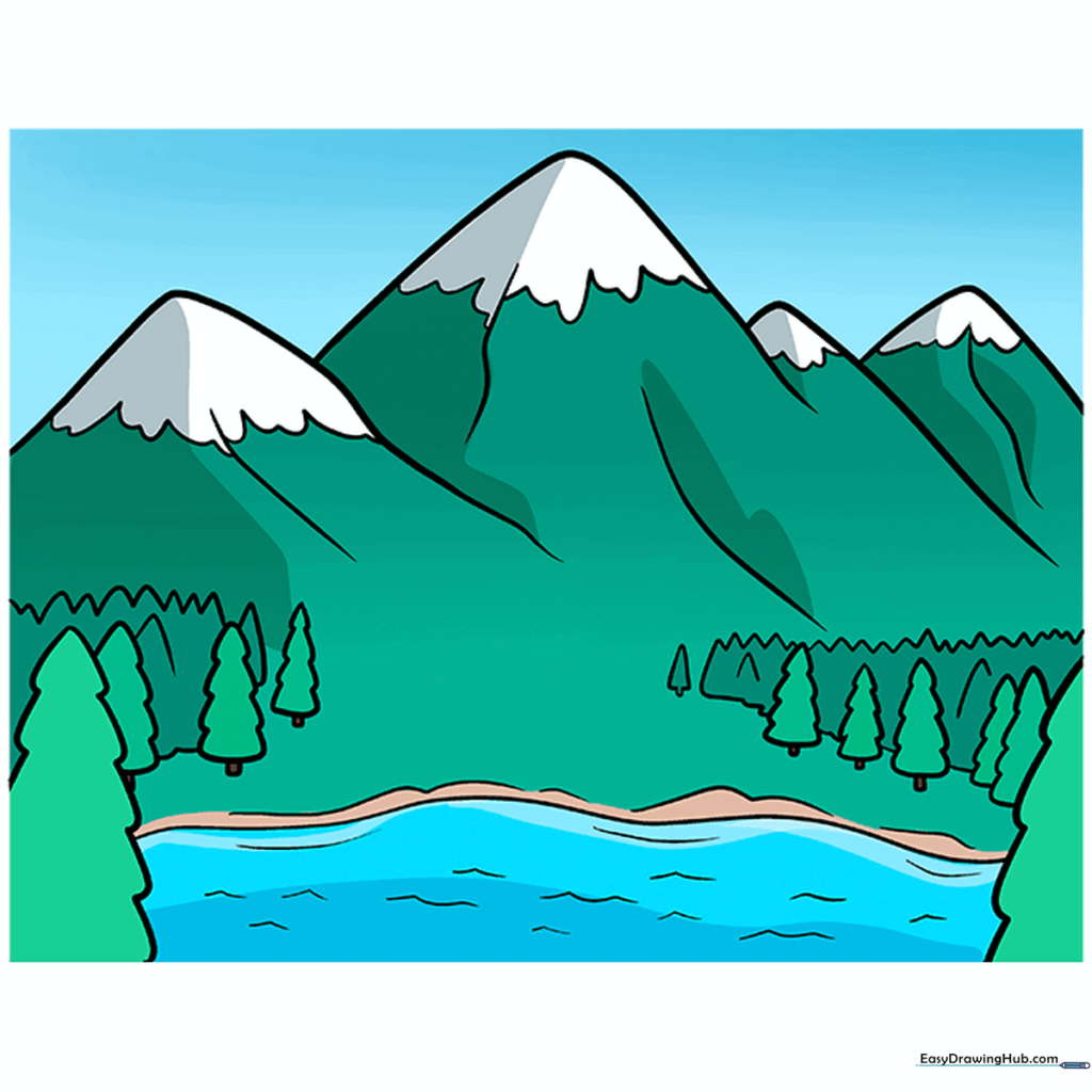 A fully colored mountain landscape with trees, a lake, and snow-capped peaks.