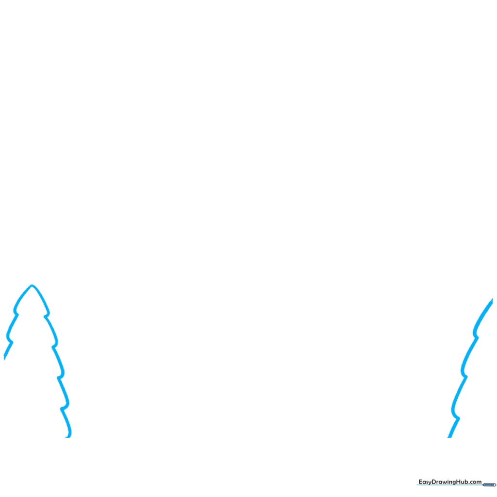 Pencil sketch of two triangular evergreen trees on a flat horizon line.