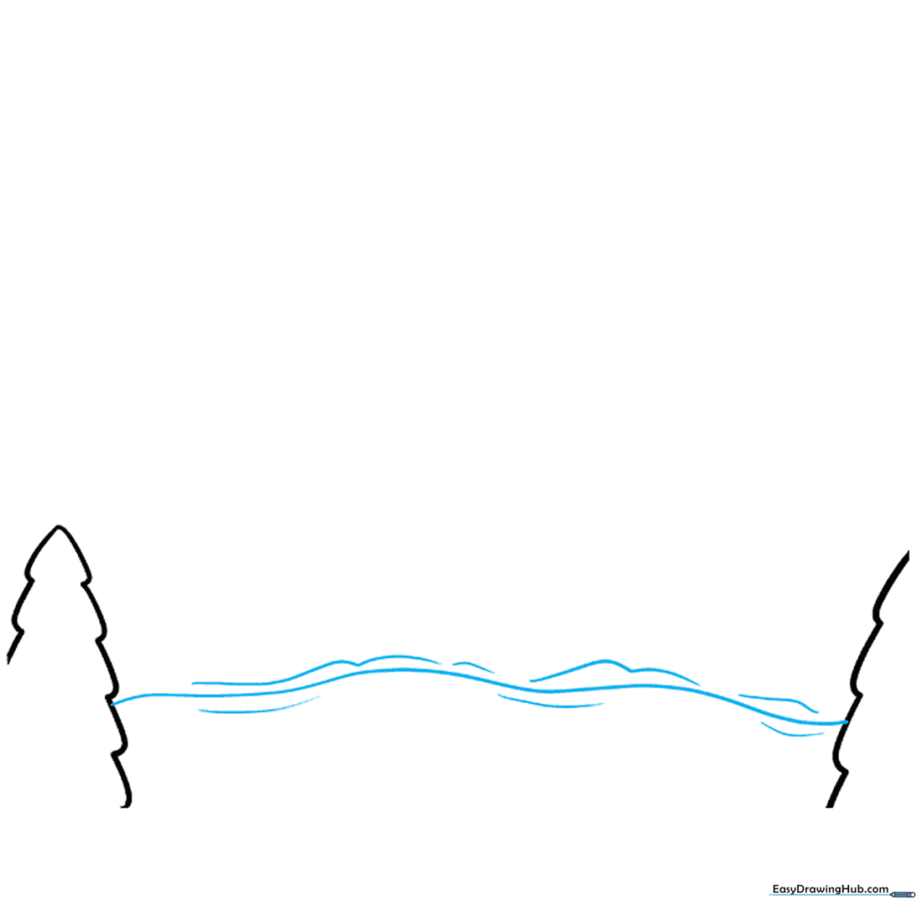 Drawing a horizontal wavy line connecting the base of the trees to create a shoreline.