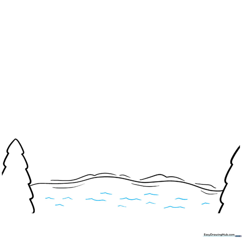 Adding short, horizontal wavy lines within the lake area to show water texture.