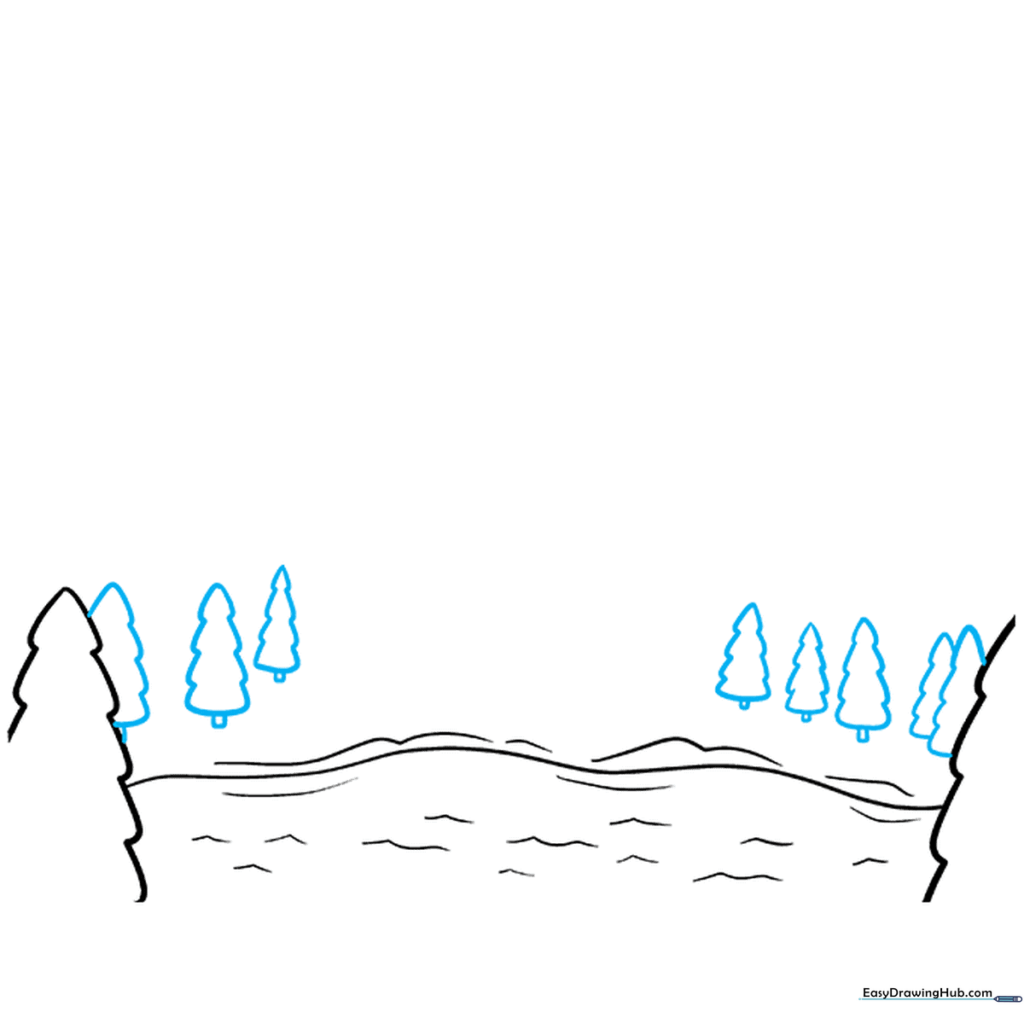 Drawing a cluster of smaller pine trees on the far side of the lake.