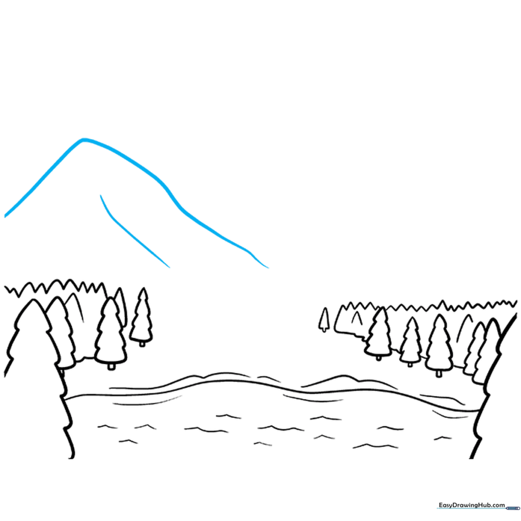 Sketching the outline of a large, central mountain peak.