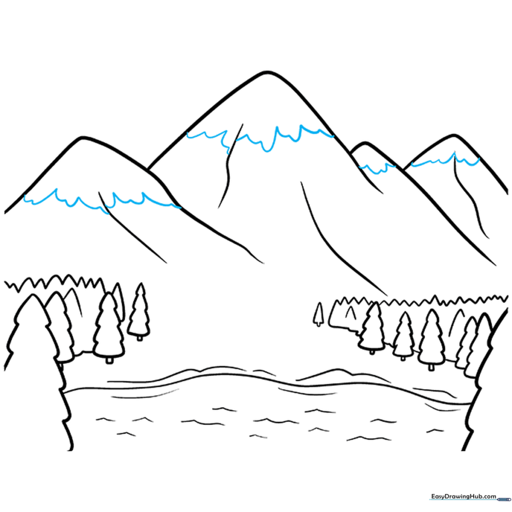 Drawing irregular U-shaped lines on mountain peaks to indicate snowcaps.