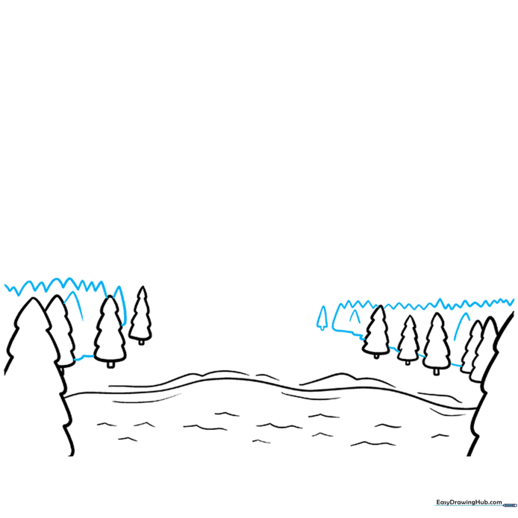 Adding dense forest details using zigzag lines and inverted V shapes.