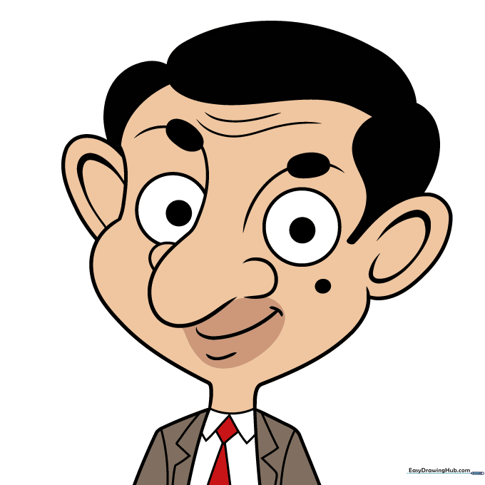 Completed Mr. Bean drawing with black hair and brown suit coloring.