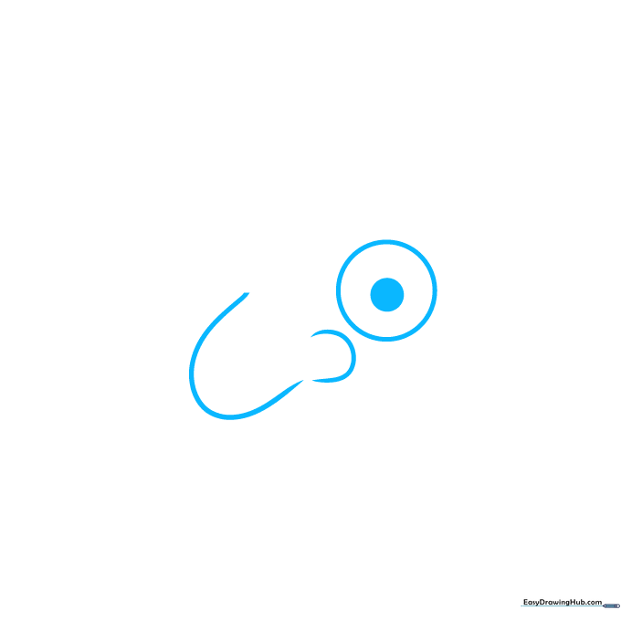 Pencil sketch showing the first eye and nose structure of Mr. Bean on white paper.