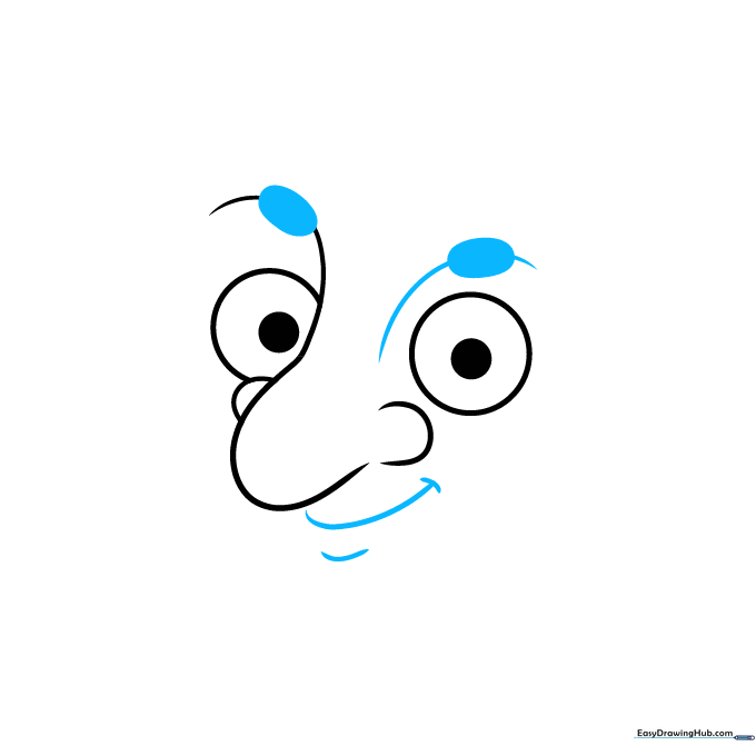 Adding thick eyebrows and a smiling mouth to the Mr. Bean character sketch.