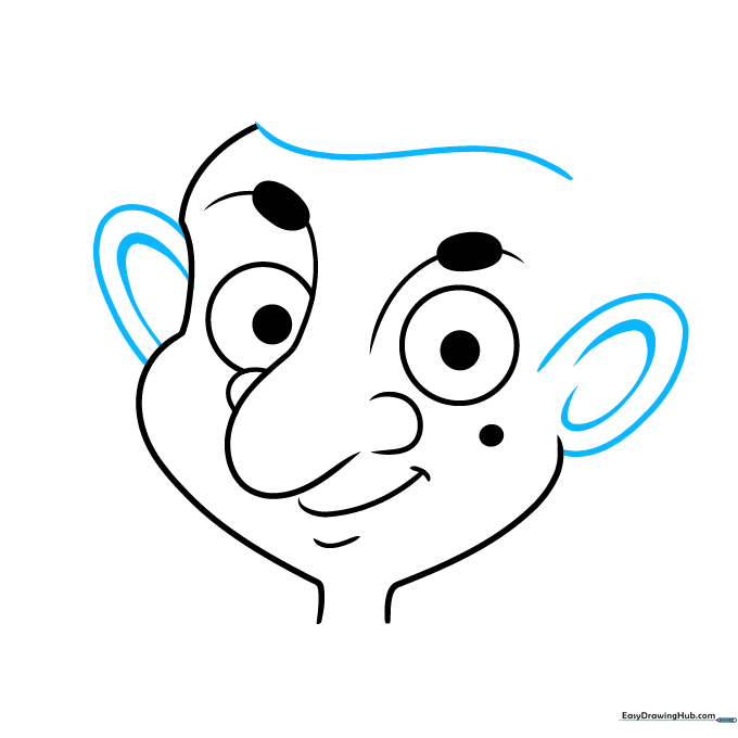 Adding large ears and beginning the hair outline for Mr. Bean.