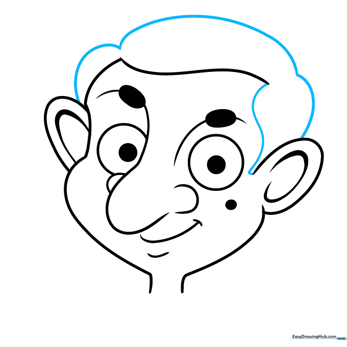 Finalizing the hair shape with curved lines on the character's head.
