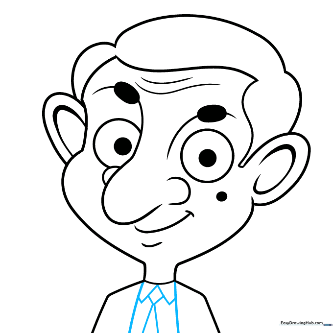 Drawing the details of the suit, shirt collar, and necktie.