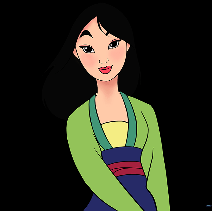 A fully colored illustration of Mulan in her traditional kimono with cherry blossoms.