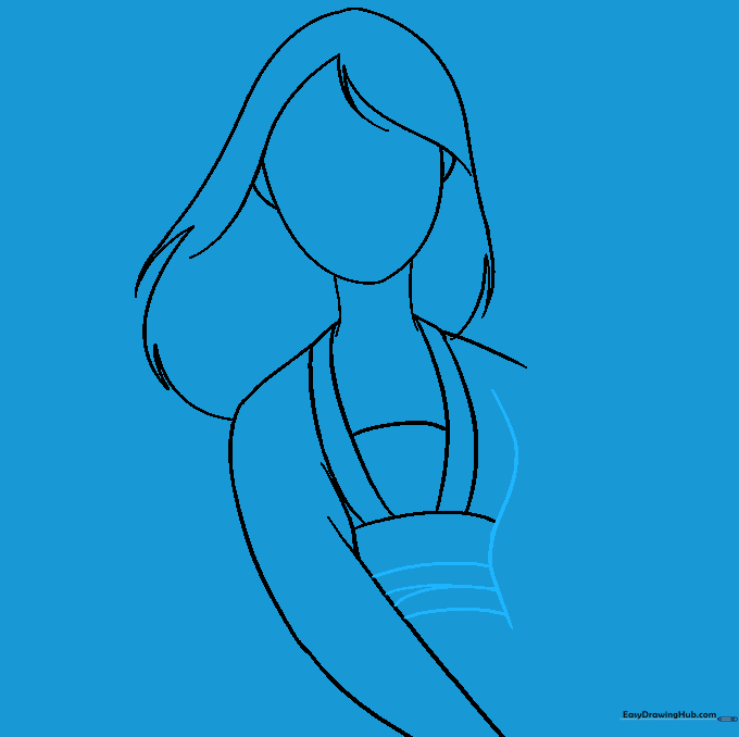 Adding the torso outline and the obi belt detail to the drawing.
