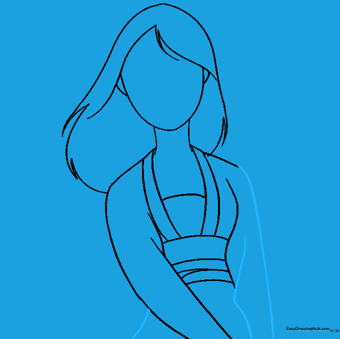 Refining the silhouette of Mulan's hips and arms with overlapping lines.