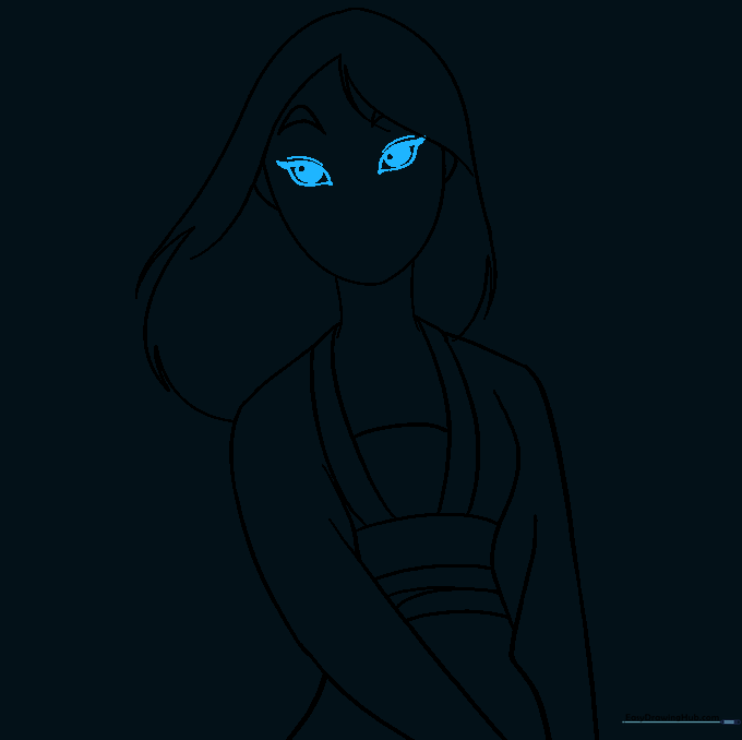 Detailed drawing of Mulan's eyes with pupils and eyelid shading.