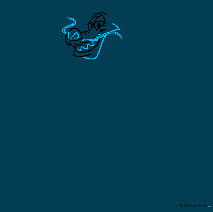 Detailed drawing of Mushu's mouth, teeth, and long dragon whiskers.