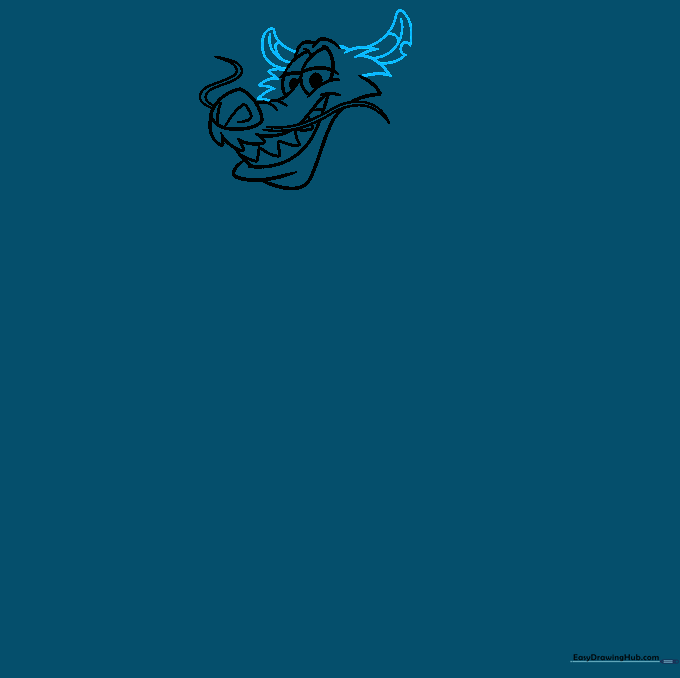 Drawing the outline of Mushu's head and his notched ears.