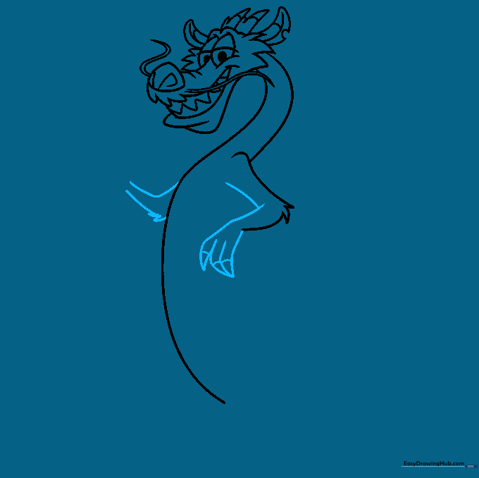 Drawing Mushu's arms and clawed hands.