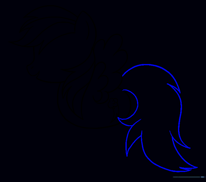 Drawing the long, spiky tail extending from the back of the pony.