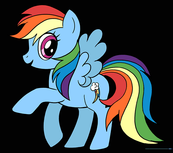 The final colored drawing of Rainbow Dash with vibrant rainbow-colored hair.
